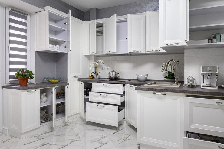 Minimalistic modern white kitchen interior details