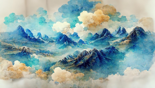 Minimalistic mountain landscape with watercolor brush in Japanese traditional style Wallpaper with abstract art for prints or covers 3d artwork