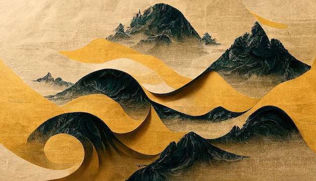 日本の伝統的なスタイルの水彩ブラシでミニマルな山の風景印刷または 3 d アートワークをカバーする抽象芸術の壁紙