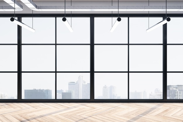 Minimalistic office hall interior with wooden floor