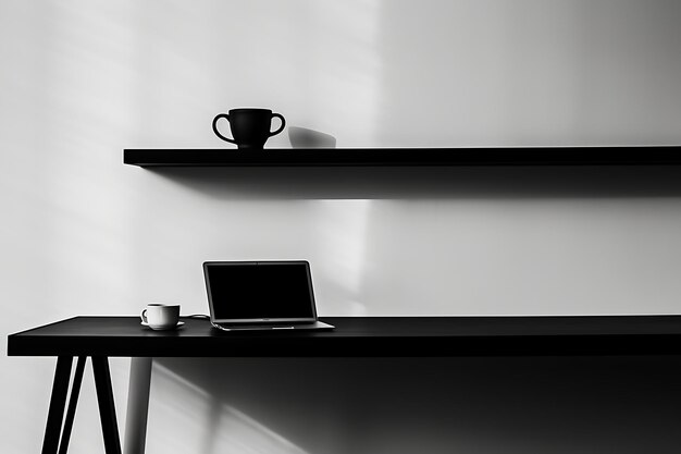 Photo minimalistic office shelf with a laptop and a cup