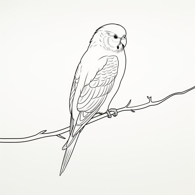 Photo minimalistic one line drawing of realistic budgerigar in black on white