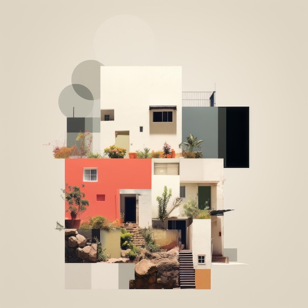 Minimalistic Paper Collage Average Bauhaus Architecture Of Rural Vernacular Houses In Jalisco Mexico