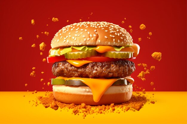 A minimalistic photo food advertising photographs of burger isolated on red background