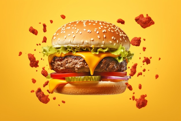 A minimalistic photo food advertising photographs of burger isolated on yellow background