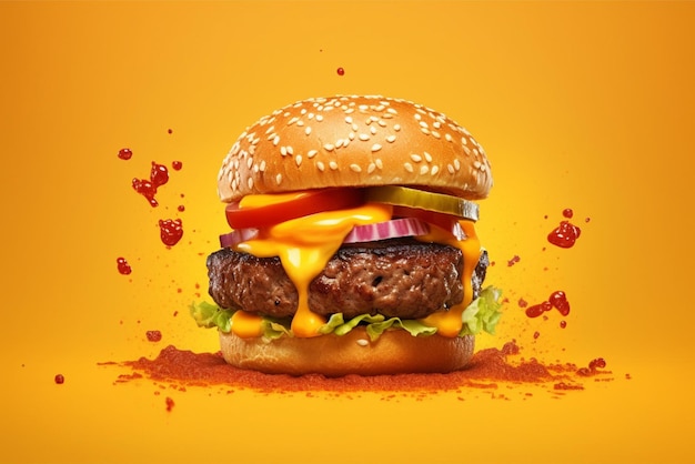 A minimalistic photo food advertising photographs of burger isolated on yellow background