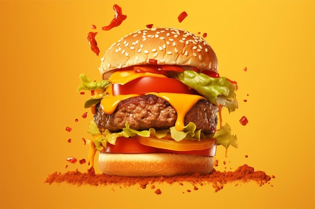 A minimalistic photo food advertising photographs of burger isolated on yellow background