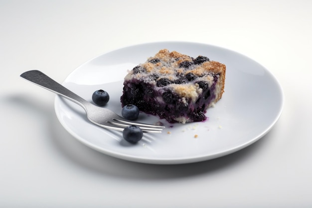 Minimalistic photo of a piece of blueberry cobbler on a white plate with a fork