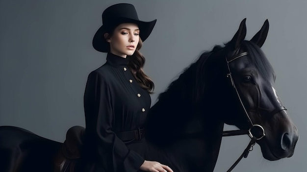 Minimalistic photo of a stylish woman dressed in Gucci a black horse on a gray background