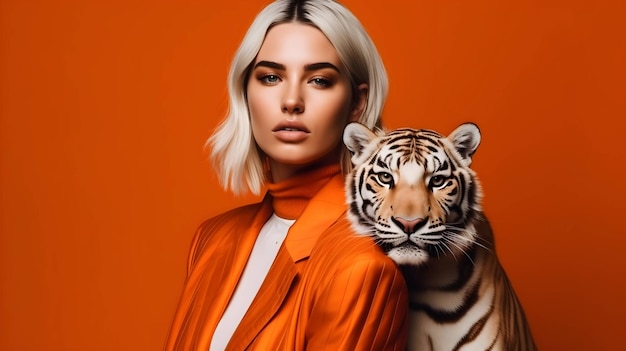 Minimalistic photography stylish woman in gucci with a white tiger on a orange background