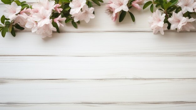 Minimalistic Pink Azalea Flowers On White Wood Background