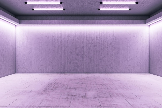 Minimalistic pink color hall interior with luminous neon lamps