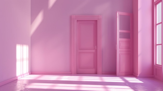 Minimalistic pink room with door and window casting shadows