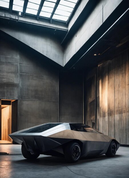 minimalistic plolygon geometric car Rick Owens in brutalism warehouse