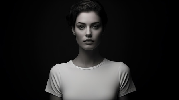 Photo minimalistic portrait beautiful woman in white tshirt on black background