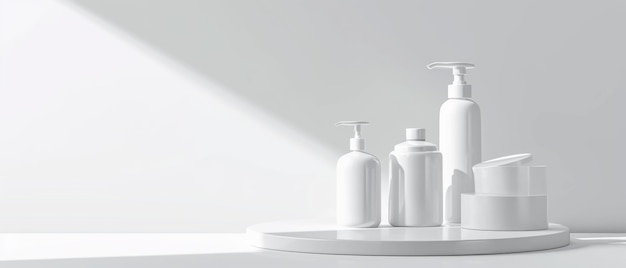 Minimalistic presentation of white skincare bottles on a pristine podium with soft lighting