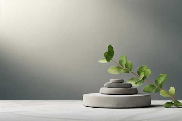 Minimalistic Product Presentation Stack Stones Platform Podium with Eucalyptus Leaf Twig on Gray Ba