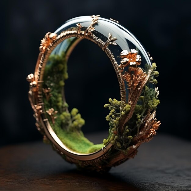 Minimalistic Ring With Moss And Flower Arrangement Hyperdetailed Realistic Design