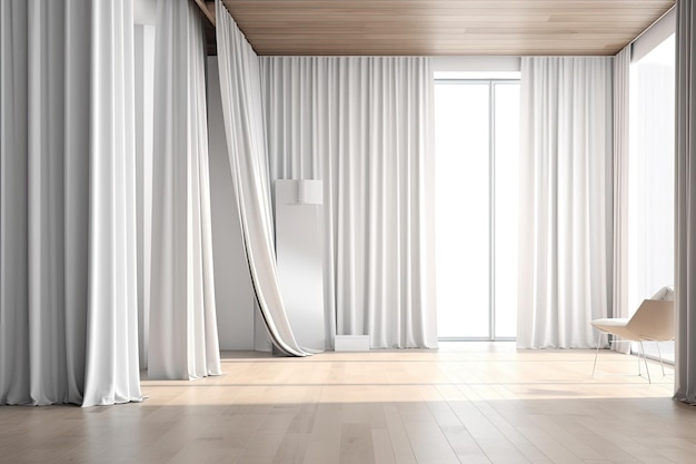 Minimalistic room with a white curtain and a chair Generative AI