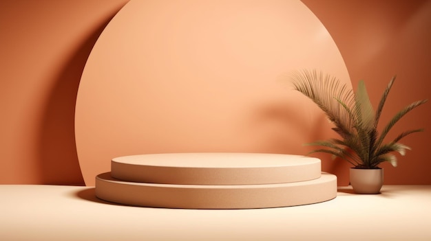 Minimalistic round beige Podium for the Presentation of products Cosmetics Awards on a peach background A Stage A Showcase Pedestal Geometric Platform A Stand with empty Space for Advertising