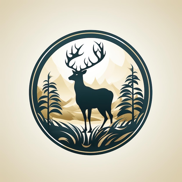 Фото Минималистическая круглая эмблема логотипа с силуэтом рогового оленя в лесу на белом фоне