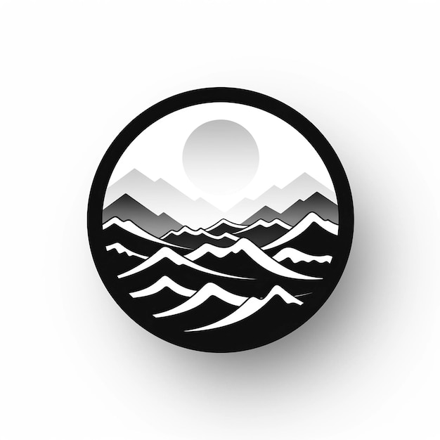 Photo minimalistic round logo symbol with mountains on white background concept of tourism hiking and adventures in the wild nature emblem of the travelers club