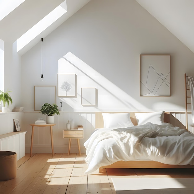 ミニマリスト・スカンジナビア・インテリア デザイン 寝室 白い壁 太陽の光