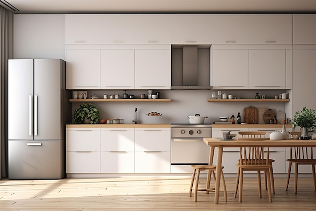 A minimalistic Scandinavian kitchen interior is adorned with a white color scheme complemented by a