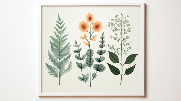 Minimalistic Scandinavian Style Botanical Print With Light Emerald And Amber Tones