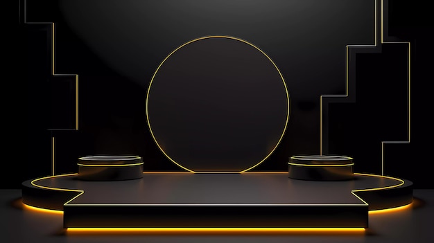 a minimalistic scene of geometric podium technology display with black color