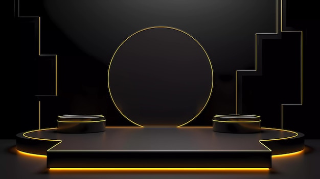 A minimalistic scene of geometric podium technology display with black color