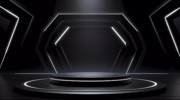 A minimalistic scene of geometric podium technology display with black color