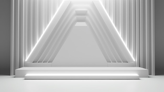 A minimalistic scene of geometric step podium technology display with neon lamp