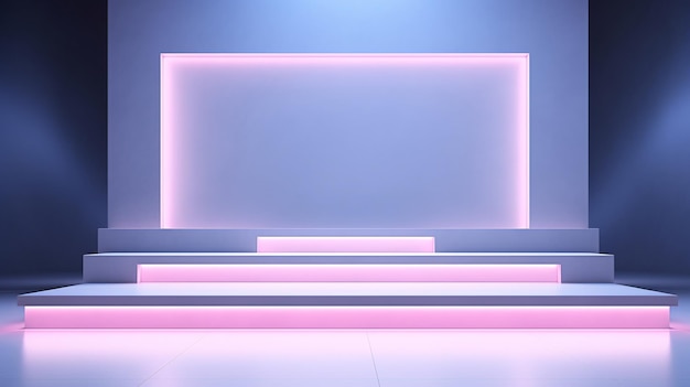네온 램프와 함께 기하학적 단계 포디움 기술 디스플레이의 미니멀리즘 장면