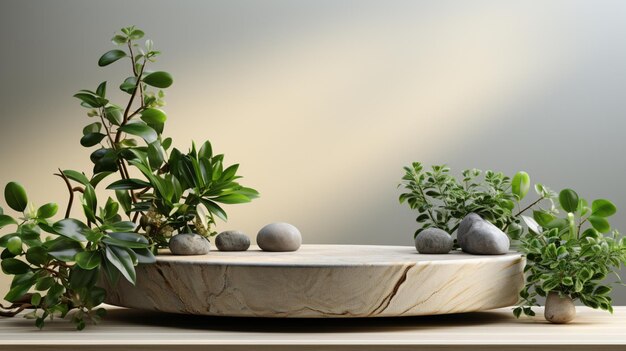 A minimalistic scene is depicted with a stone podium display on a white background