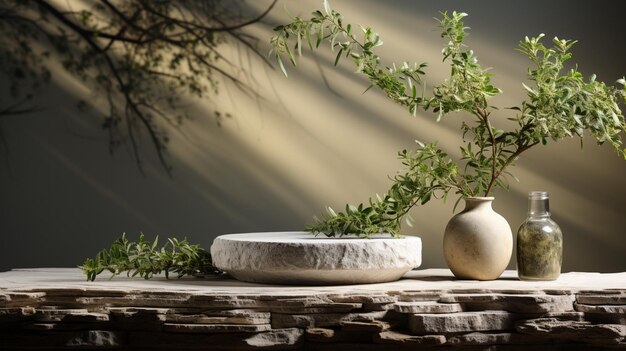 A minimalistic scene is depicted with a stone podium display on a white background