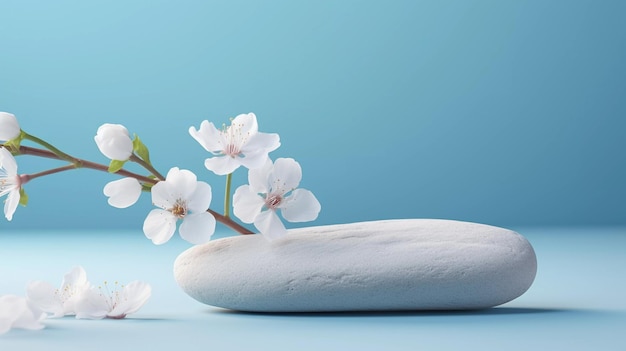 A minimalistic scene of a lying stone with flowers on a light blue background