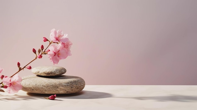 A minimalistic scene of a lying stone with flowers on a light pastel background Showcase for the pr