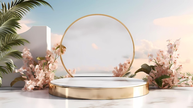 A minimalistic scene of marble white and gold podium display with natural orchid flower