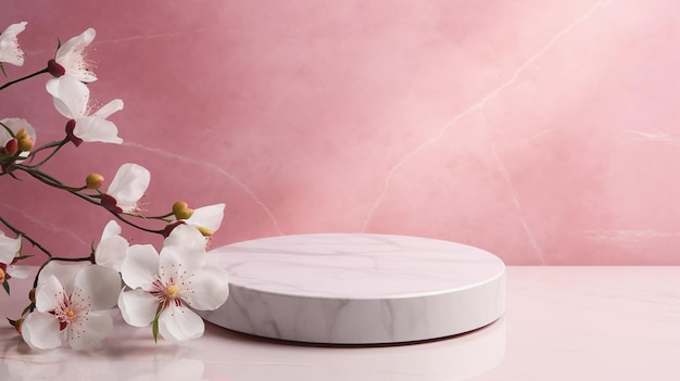 A minimalistic scene of white podium with pink flowers on a light pink background