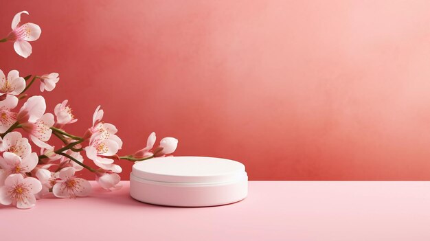 A minimalistic scene of white podium with pink flowers on a light pink background
