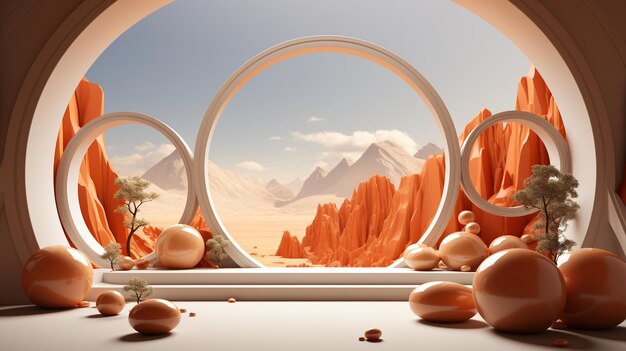 Minimalistic scene with balloons and sand dunes Product shot in light orange and white colors AI