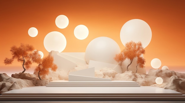 Minimalistic scene with balloons and sand dunes Product shot in light orange and white colors AI