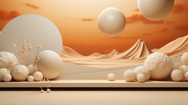 Minimalistic scene with balloons and sand dunes Product shot in light orange and white colors AI