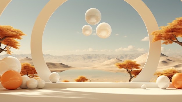 Minimalistic scene with balloons and sand dunes Product shot in light orange and white colors AI