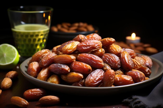 Photo minimalistic shot showcasing the natural beauty of a plate filled with dates islamic images