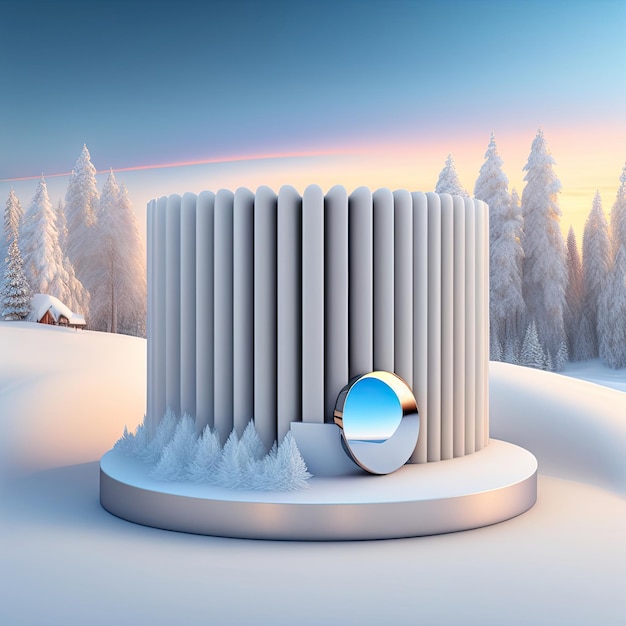 Minimalistic silver cylinder podium backdrop with winter landscape scene Abstract background