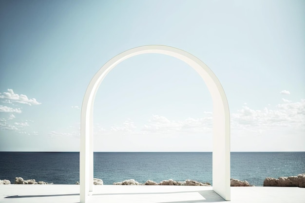 Photo minimalistic simple white wedding arch for offsite ceremony at sea