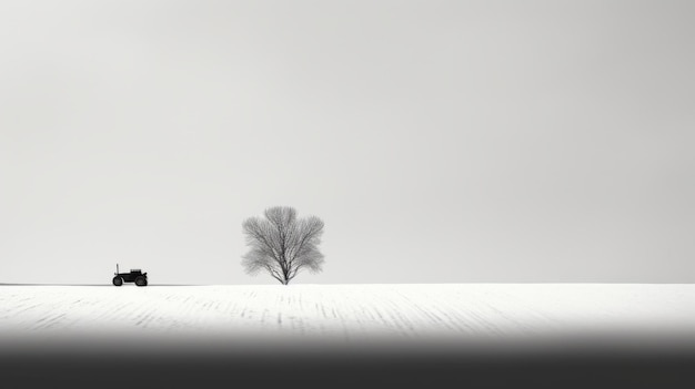 Photo minimalistic snowy landscape serene house and tree in monochromatic portrait