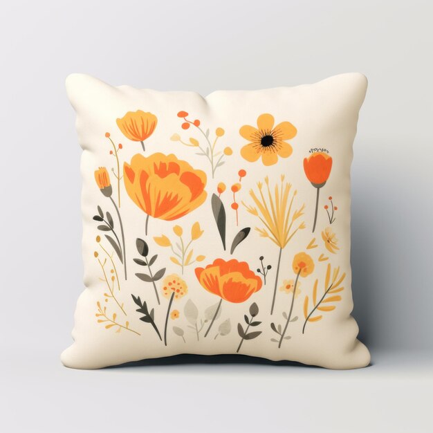 Minimalistic Spring Floral Pillow With Yellow Flower And Leaves